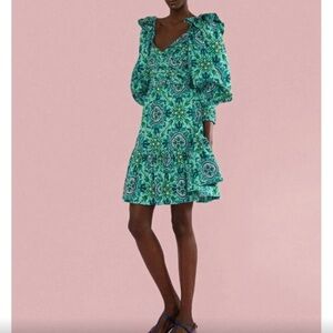 Atelier 17.56 Chiara Green Dress Boho Paisley Print $520 Size Large Puff…